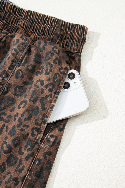 Brown Leopard Print Elastic Waist Drawstring Denim Skort