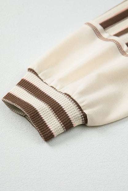 Khaki Stripe Stitched Detail Color Block Patchwork Oversized Pullover Top