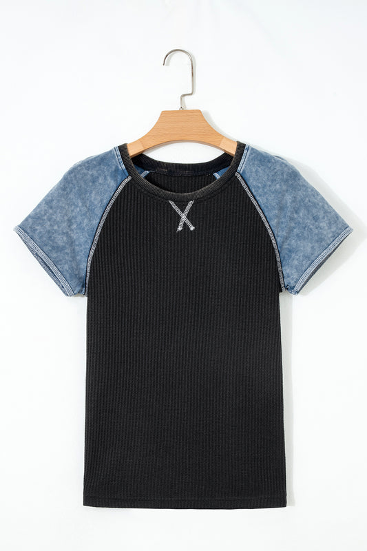 Carbon Grey Waffle Knit Seam Detail Color Block Patchwork Short Sleeve Top