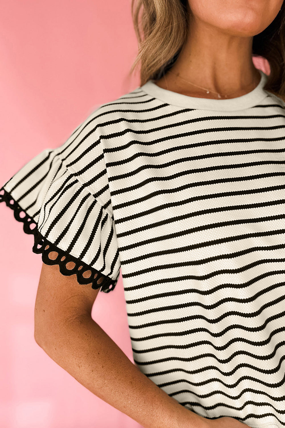 Black Stripe Scallop Lace Trim Ruffle Short Sleeves Crewneck Top