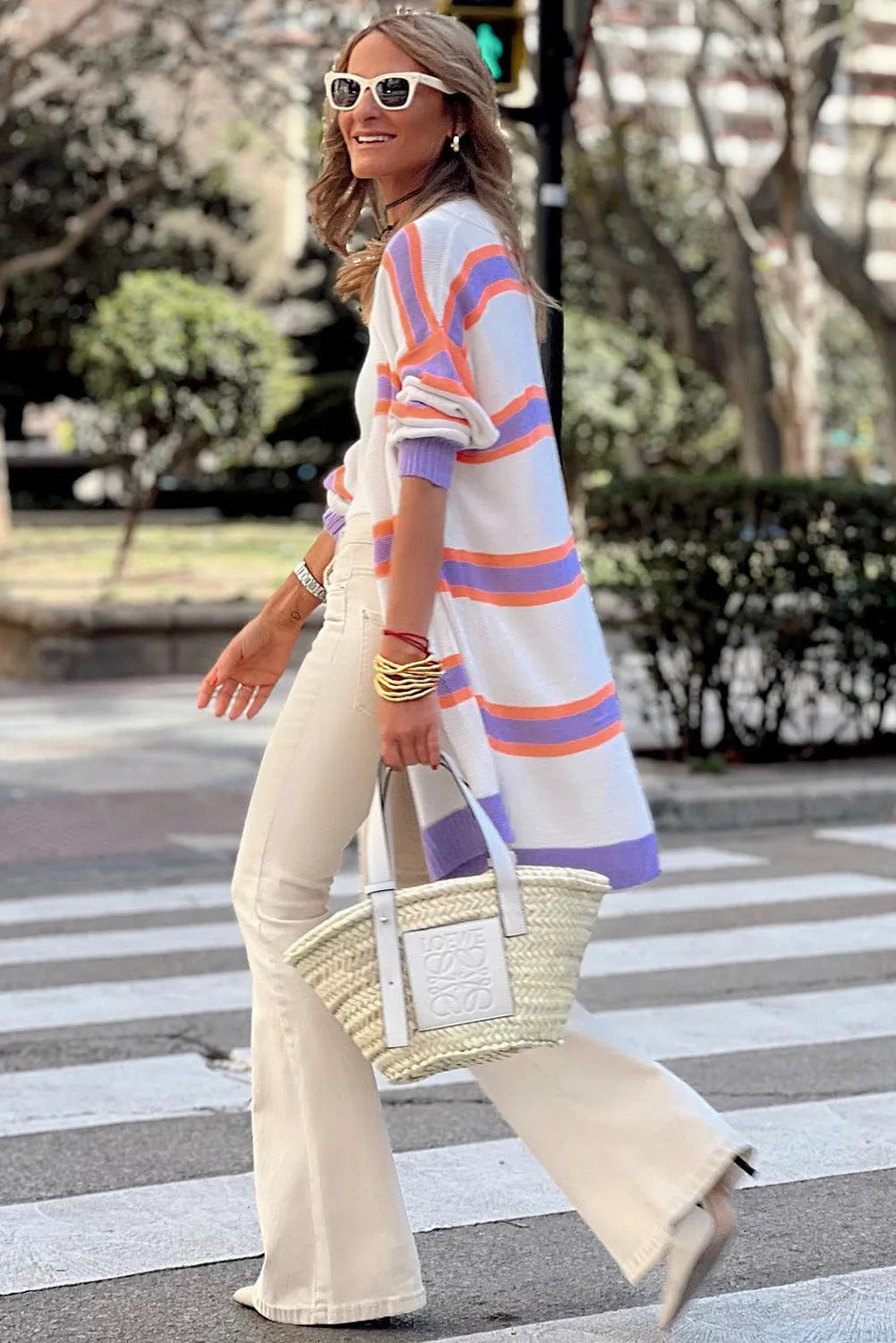 Beige Striped Long Sleeve Ribbed Trim Button Cardigan - Chic Meadow Boutique 