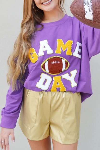 Tillandsia Purple GAME DAY Rugby Chenille Embroidered Pullover Sweatshirt - Chic Meadow Boutique 