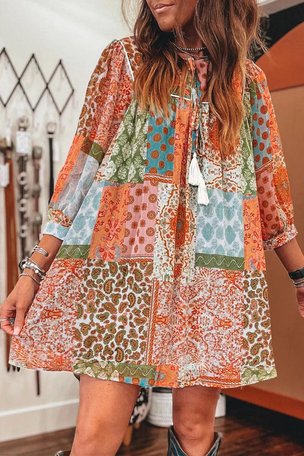 Dresses/Mini Dresses Orange / S / 100%Polyester Orange Boho Paisley Mixed Print 3/4 Sleeve Chiffon Loose Dress