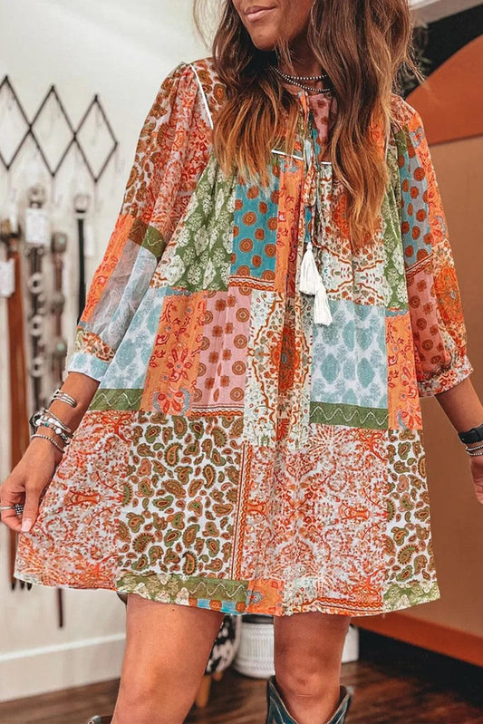 Dresses/Mini Dresses Orange / S / 100%Polyester Orange Boho Paisley Mixed Print 3/4 Sleeve Chiffon Loose Dress