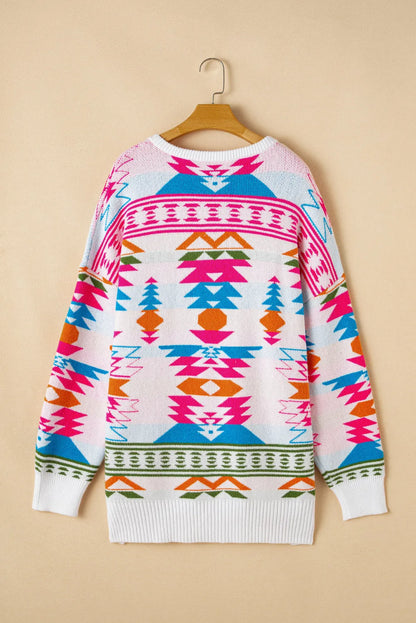 White Oversize Aztec Print High Low V Neck Sweater - Chic Meadow Boutique 