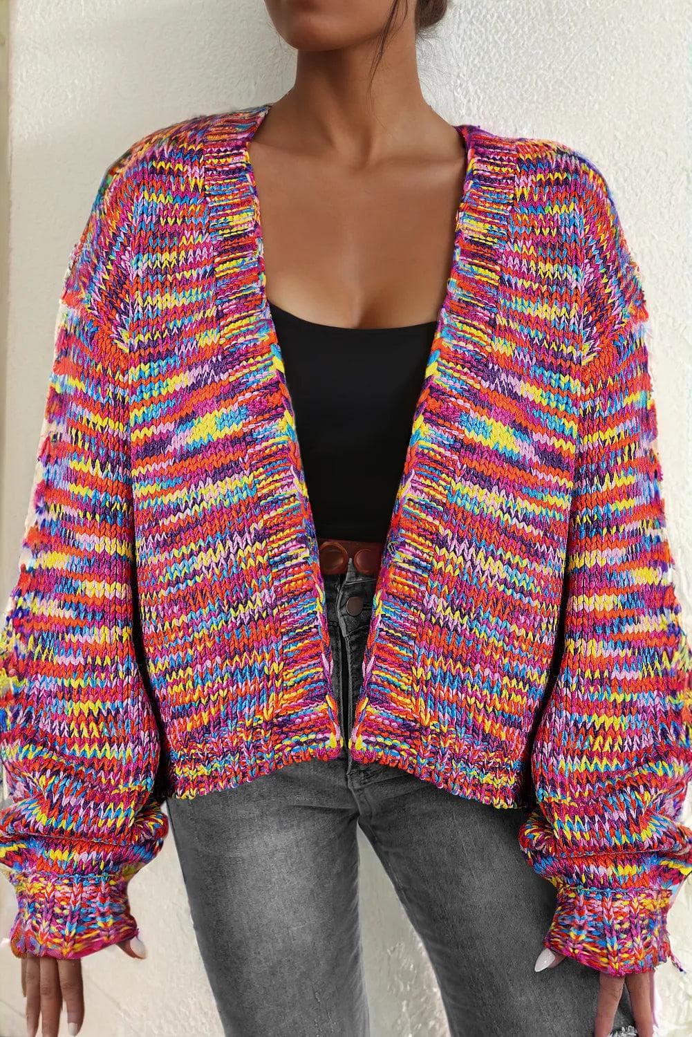 Sweaters & Cardigans/Cardigans Pink / S / 100%Acrylic Pink Confetti Drop Shoulder Open Front Cardigan