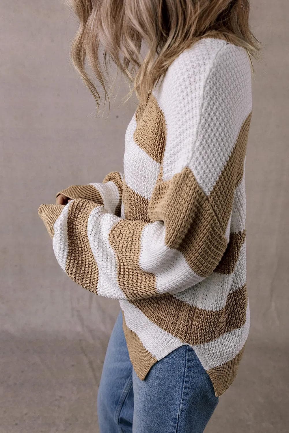 Sweaters & Cardigans/Sweaters Light French Beige Colorblock Striped Drop Shoulder Side Slit Sweater