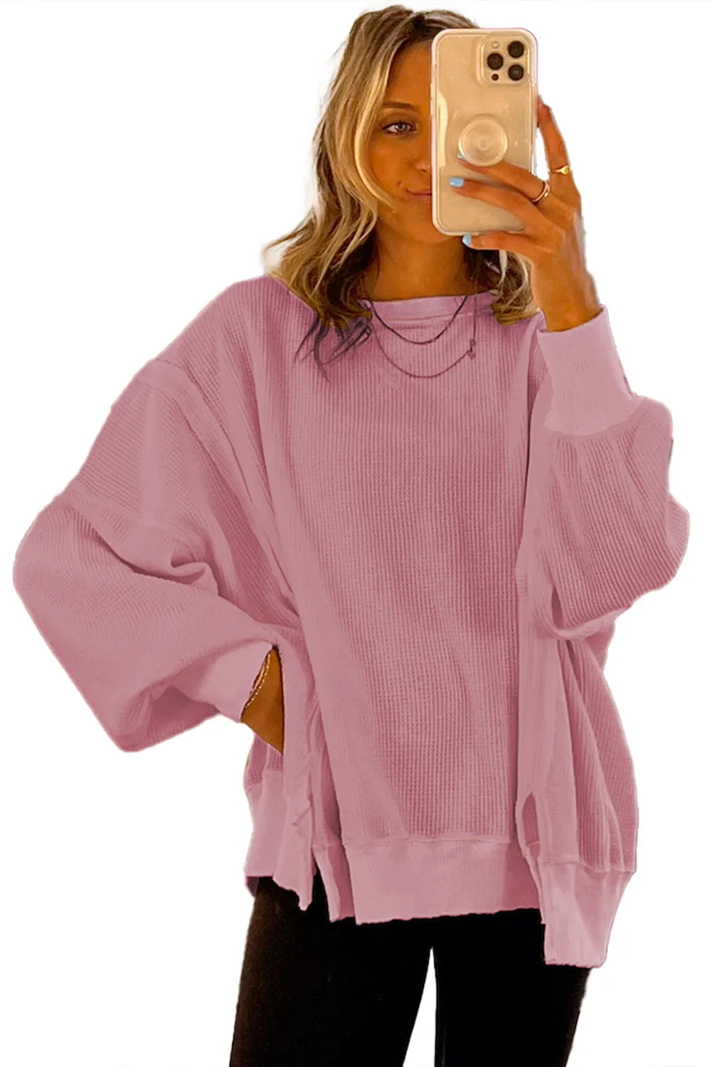 Pink Waffle Knit Bishop Sleeve Split Oversized Sweatshirt - Chic Meadow Boutique 