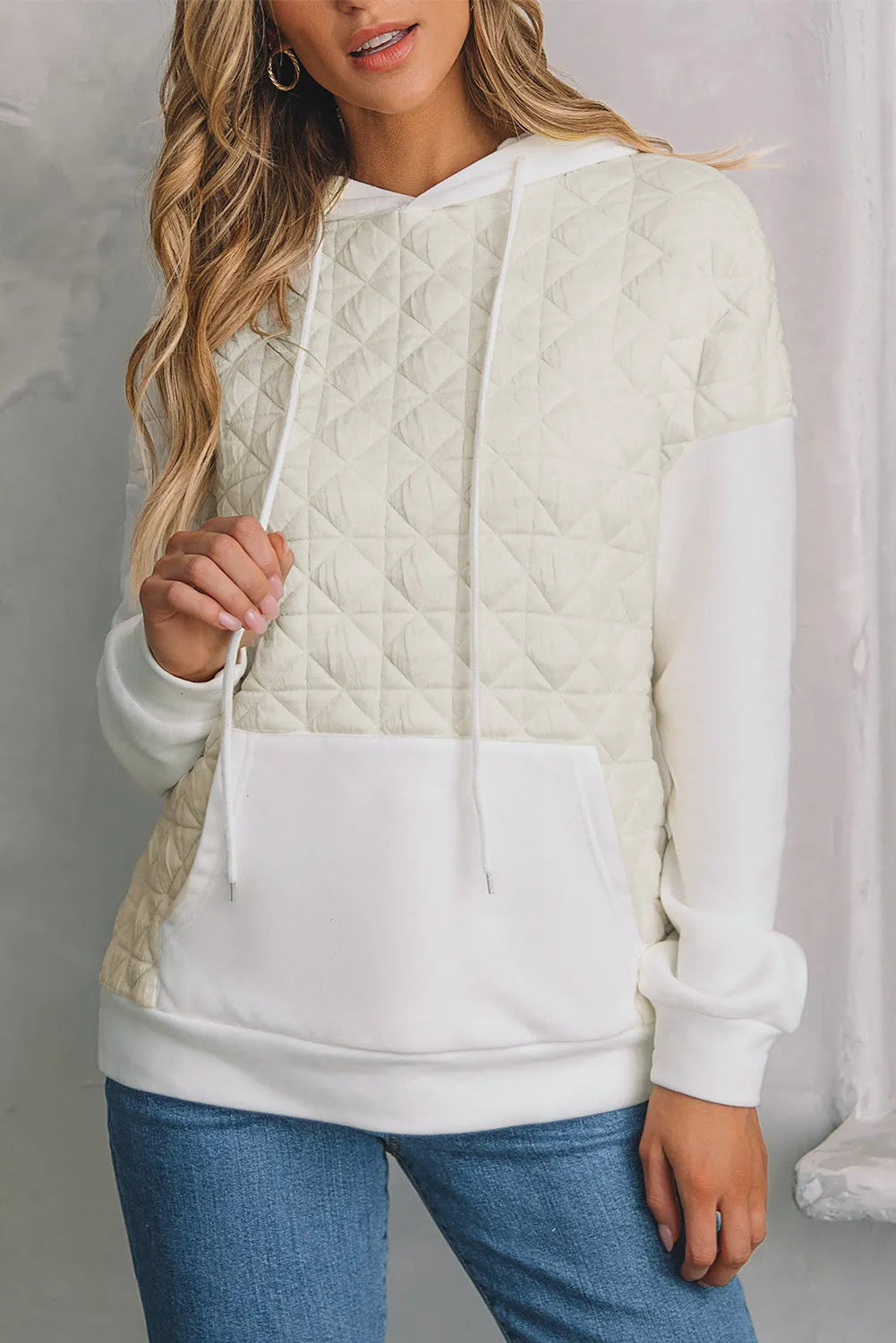 Beige Drop Shoulder Quilted Patchwork Kangaroo Pocket Hoodie - Chic Meadow Boutique 