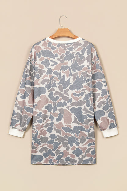 Beige Botanical Camo Print Long Sleeve Pocket Mini Dress