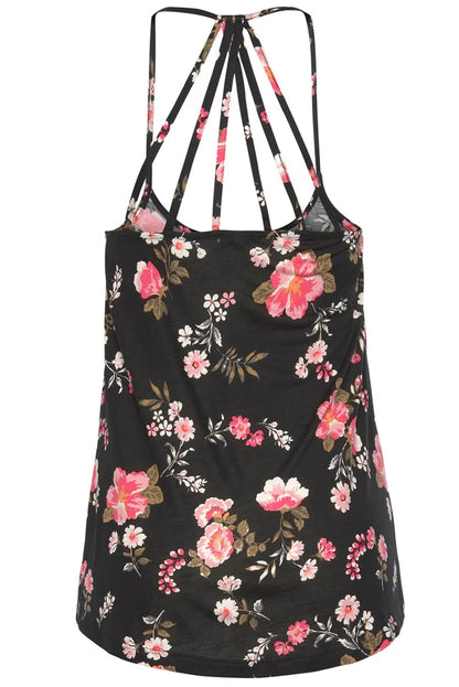 Black Floral Spaghetti Straps Strappy Back Tank Top - Chic Meadow Boutique 