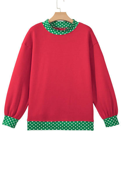 Racing Red Colorblock Polka Dot Contrast Trim Oversized Sweatshirt