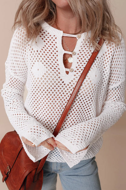 White Open Knit Buttoned Neck Split Sleeve Sweater - Chic Meadow Boutique 