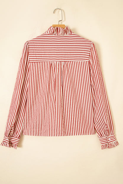 Red Stripe Textured Ruffle Trim Button-Up Long Sleeve Shirt