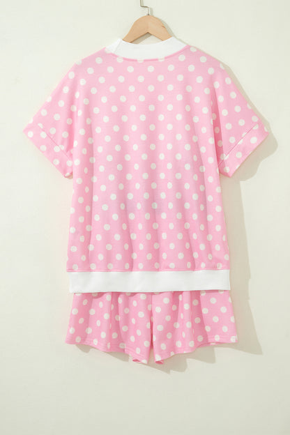 Pink Polka Dot Print Color Block Trim Mock Neck Short Set