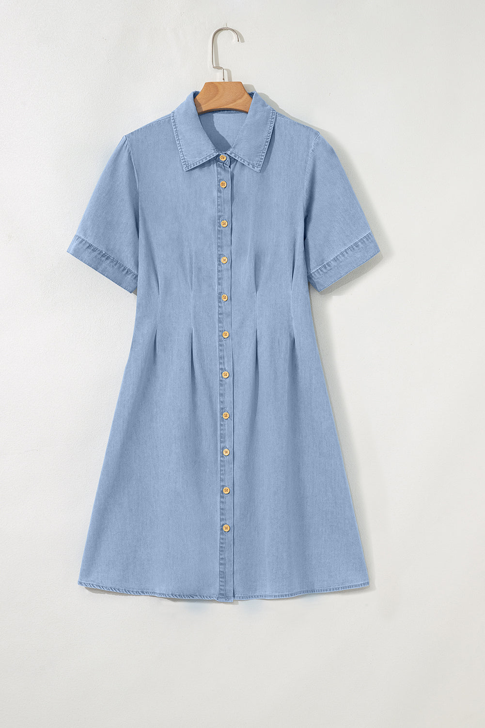 Myosotis Denim Pleated Slim Waist Short Sleeve Shirt Dress