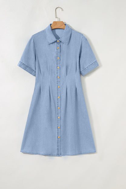 Myosotis Denim Pleated Slim Waist Short Sleeve Shirt Dress