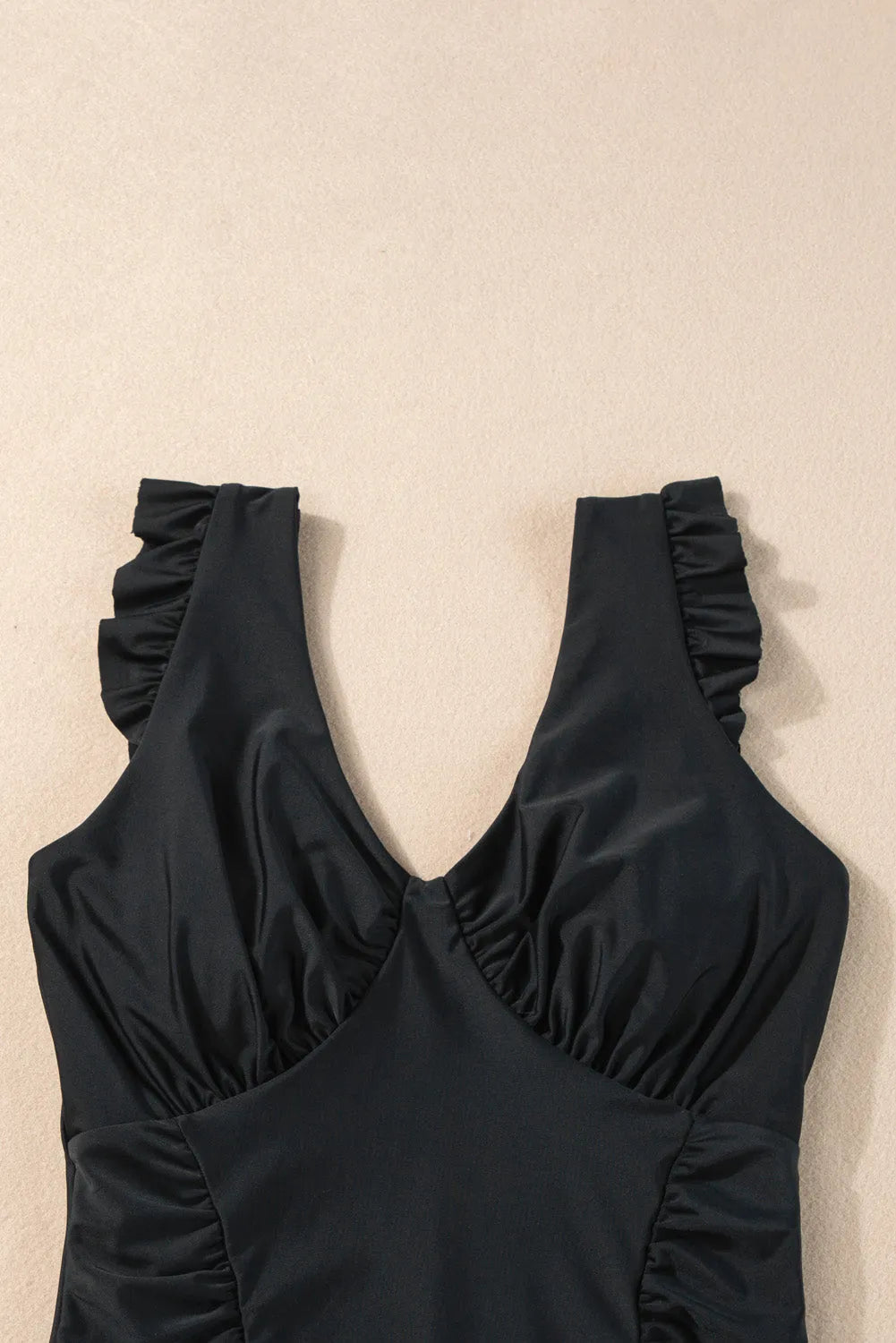 Black Ruffled Trim Ruched One Piece Bathing Suit - Chic Meadow Boutique 