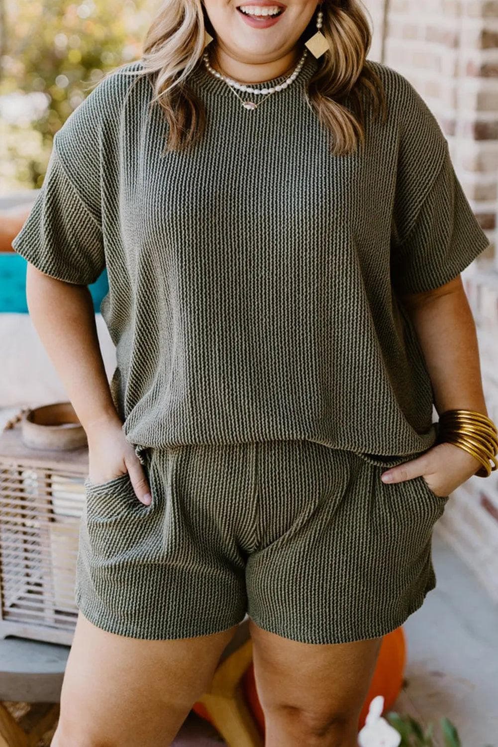 Plus Size/Plus Size Loungewear Moss Green Plus Size Rib Knit Short Sleeve Top and Shorts Set