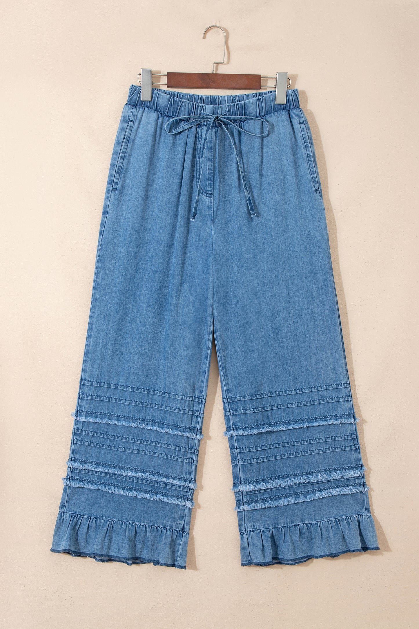 Dusk Blue Ruffled Hem Wide Leg Chambray Pants