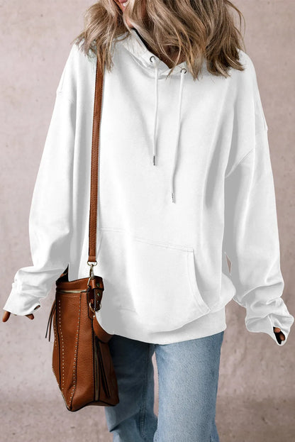 White Fleece Lined Kangaroo Pocket Drawstring Chunky Hoodie - Chic Meadow Boutique 