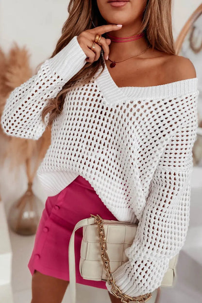 White Hollow Out Knitted Loose Fit V Neck Sweater - Chic Meadow Boutique 