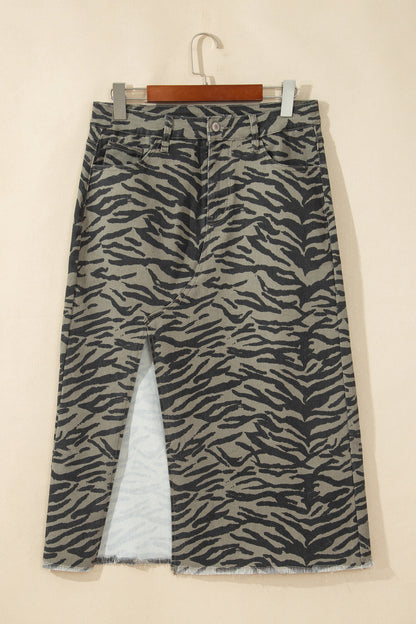 Brown Leopard Print Side Split Frayed Hem Denim Midi Skirt