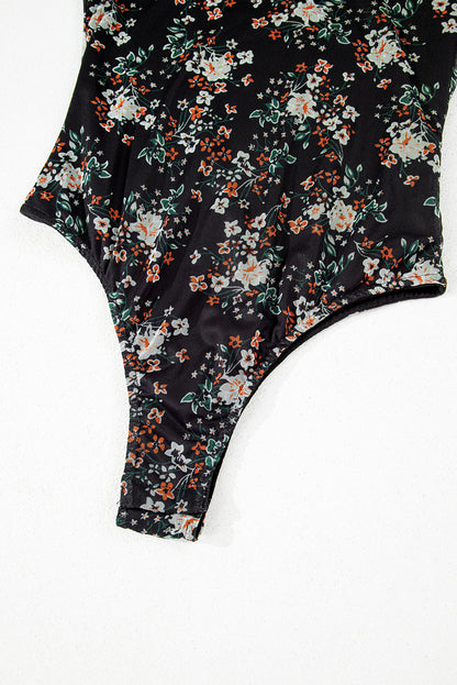 Black Floral Print U Neck Short Puff Sleeve Bodysuit