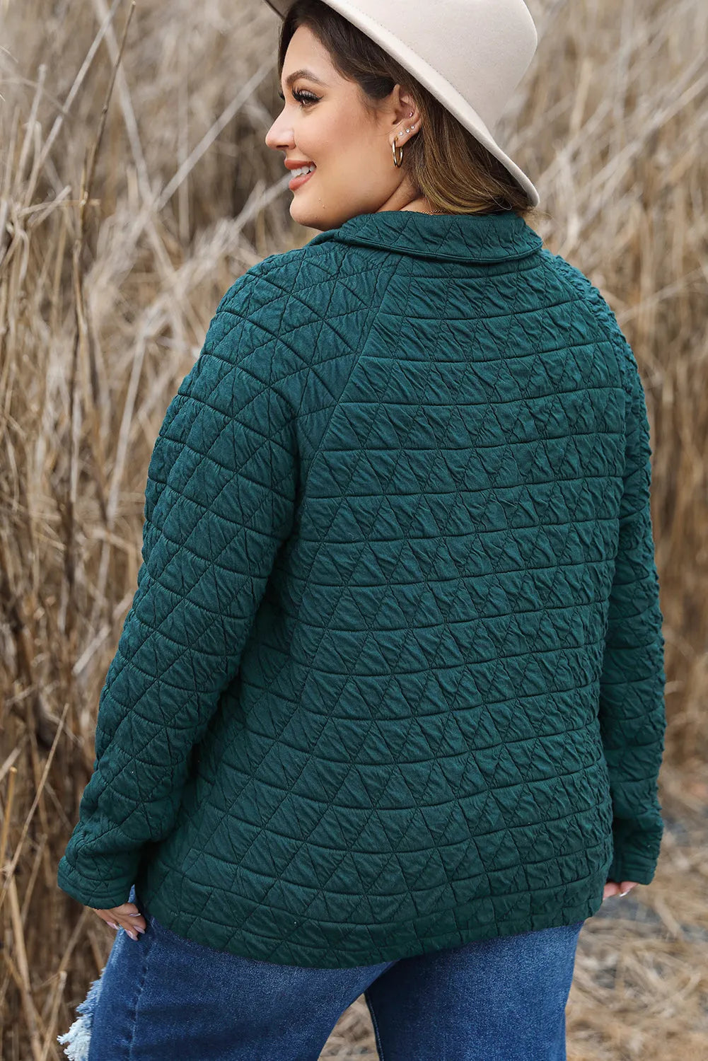 Blackish Green Plus Size Quarter Buttoned Pocketed Quilted Sweatshirt - Chic Meadow Boutique 