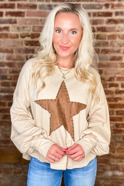 Apricot Studded Star Graphic Oversized Long Sleeve Top - Chic Meadow Boutique 