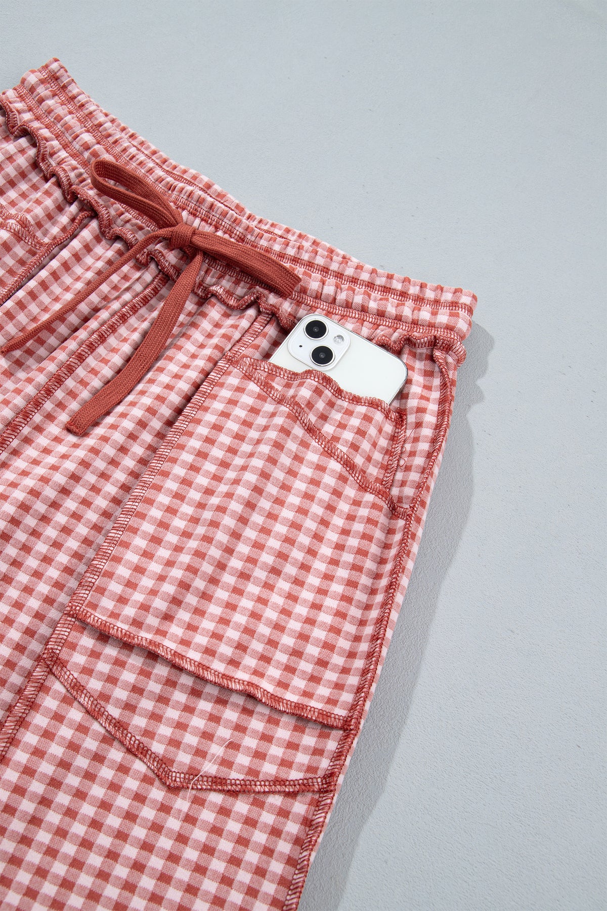 Red Plaid Contrast Trim Drawstring Elastic Waist Shift Pants