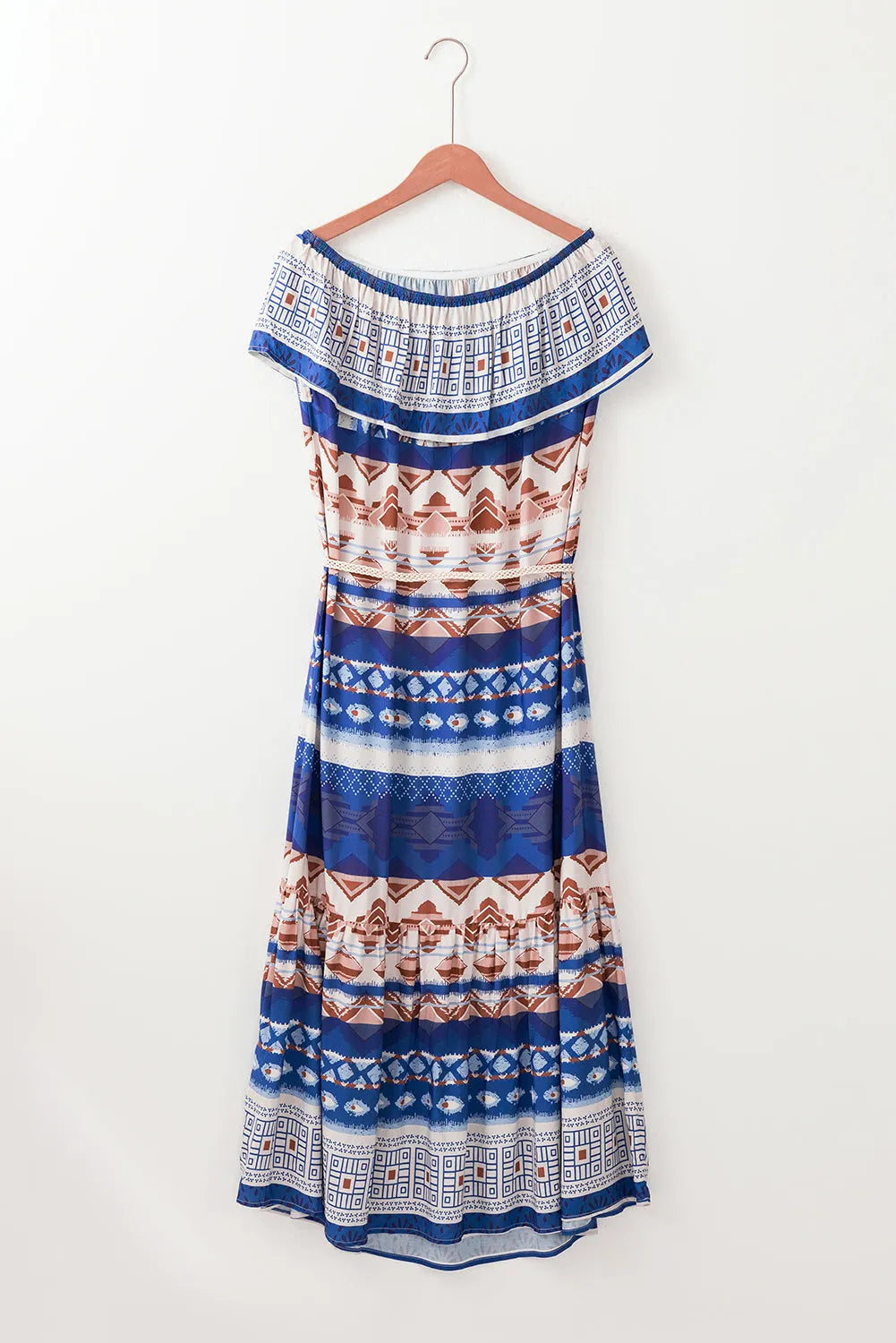 Blue Ethnic Print Ruffle Strapless Tie Waist Maxi Dress - Chic Meadow Boutique 