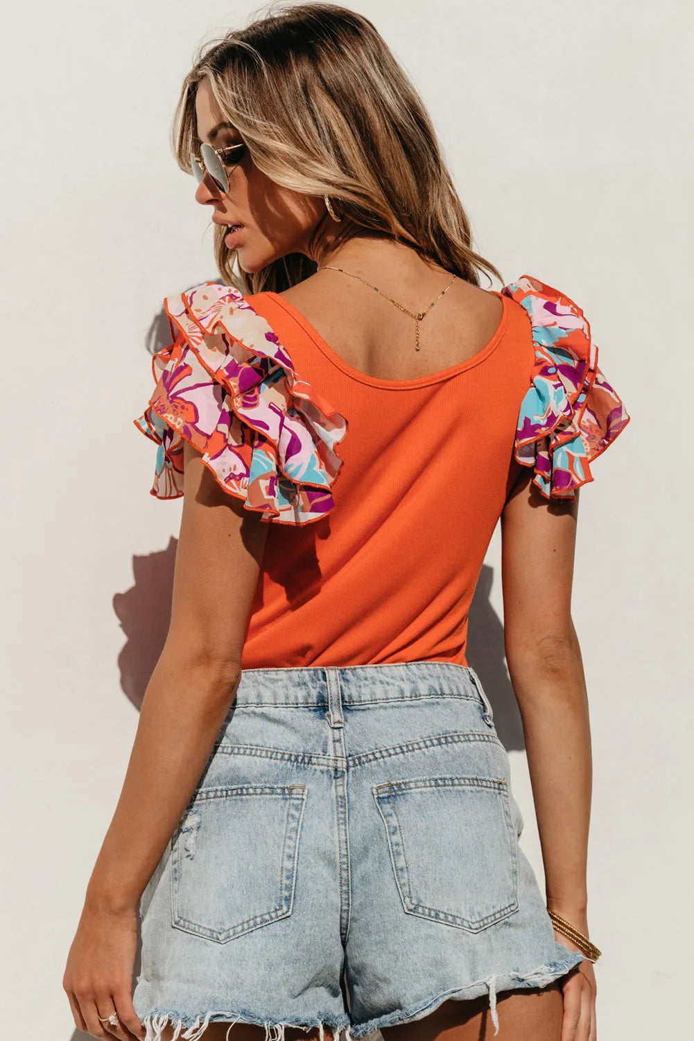 Orange Ribbed Knit Tiered Ruffled Sleeve Bodysuit - Chic Meadow Boutique 