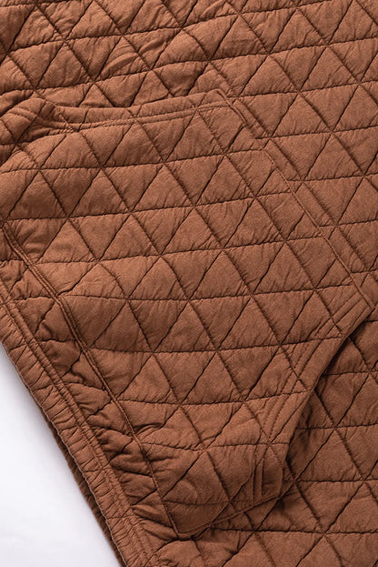 Coffee Solid Color Quilted Kangaroo Pocket Hoodie - Chic Meadow Boutique 