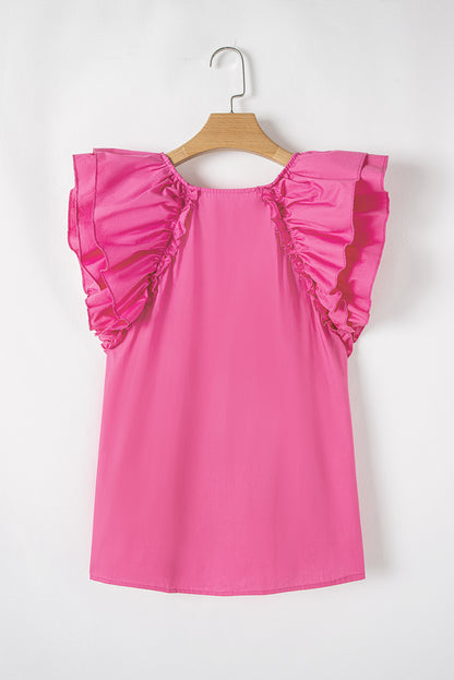 Sachet Pink Shirred Yoke Lace up V Neck Ruffled Sleeve Blouse