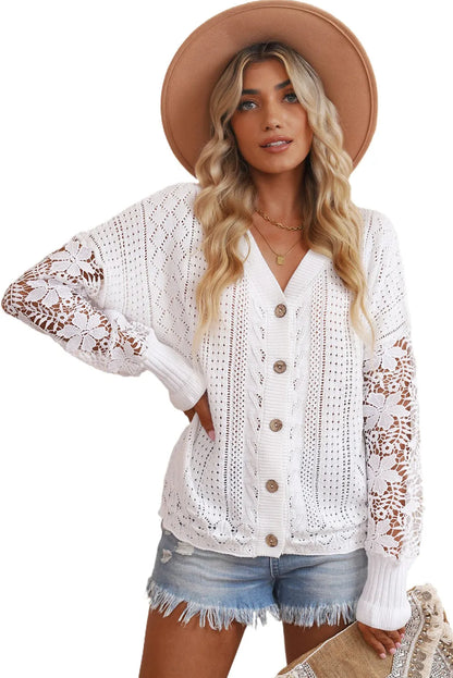 White Lace Crochet Hollow Out Knit Buttoned Sweater - Chic Meadow Boutique 