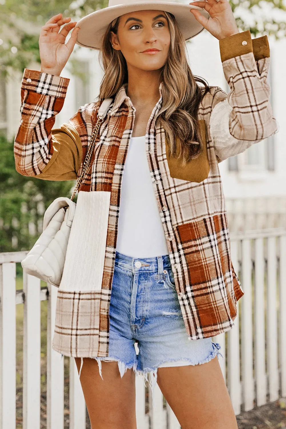 Orange Plaid Color Block Patchwork Shirt Jacket with Pocket - Chic Meadow Boutique 