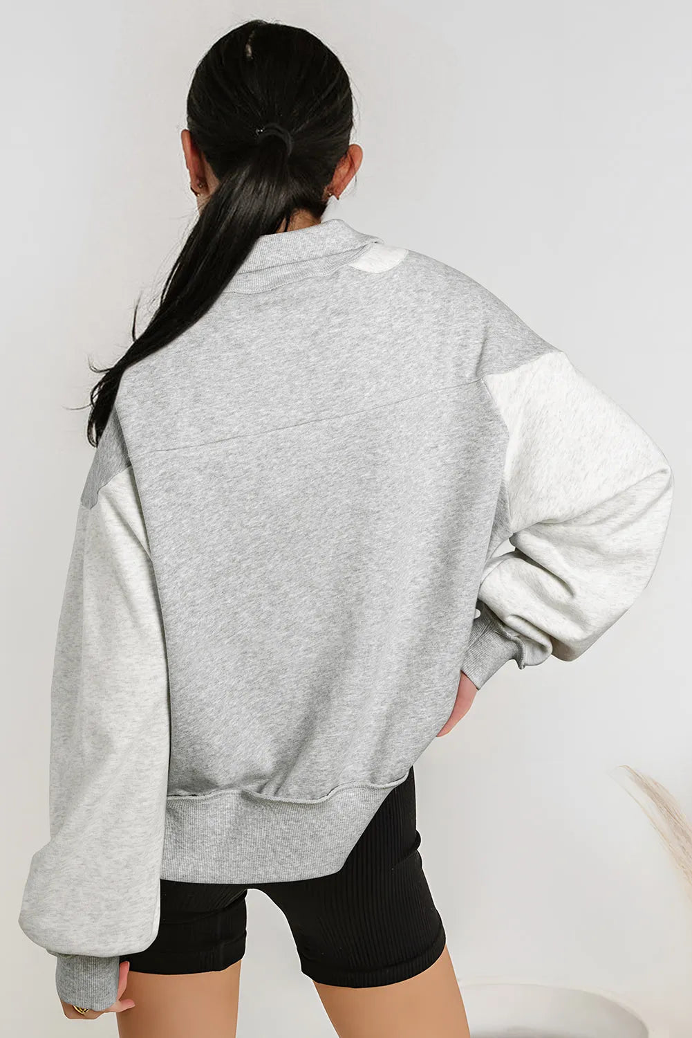 Gray Half Zipper Collared Drop Shoulder Side Slits Sweatshirt - Chic Meadow Boutique 