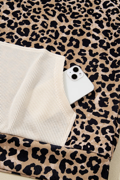 Leopard Print Waffle Contrast Kangaroo Pocket Hooded Sweatshirt