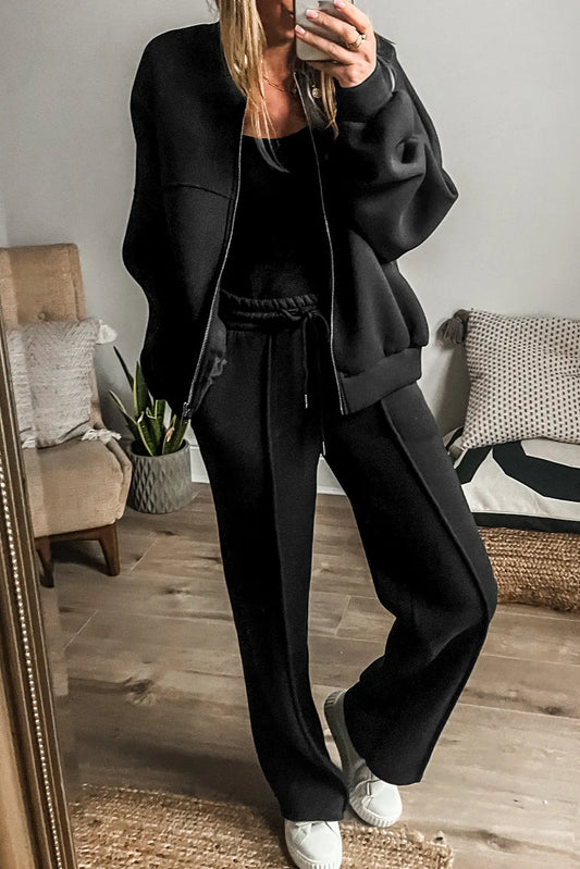 Black Solid Seamed Zipper Jacket and Drawstring Waist Pants Set - Chic Meadow Boutique 