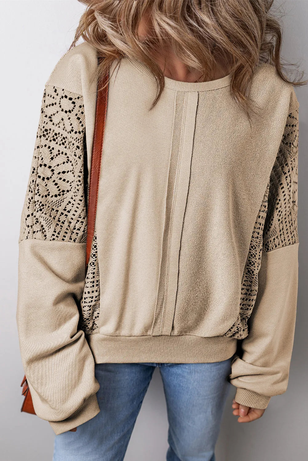 Parchment Knit Crochet Exposed Seam Ribbed Trim Sweatshirt - Chic Meadow Boutique 