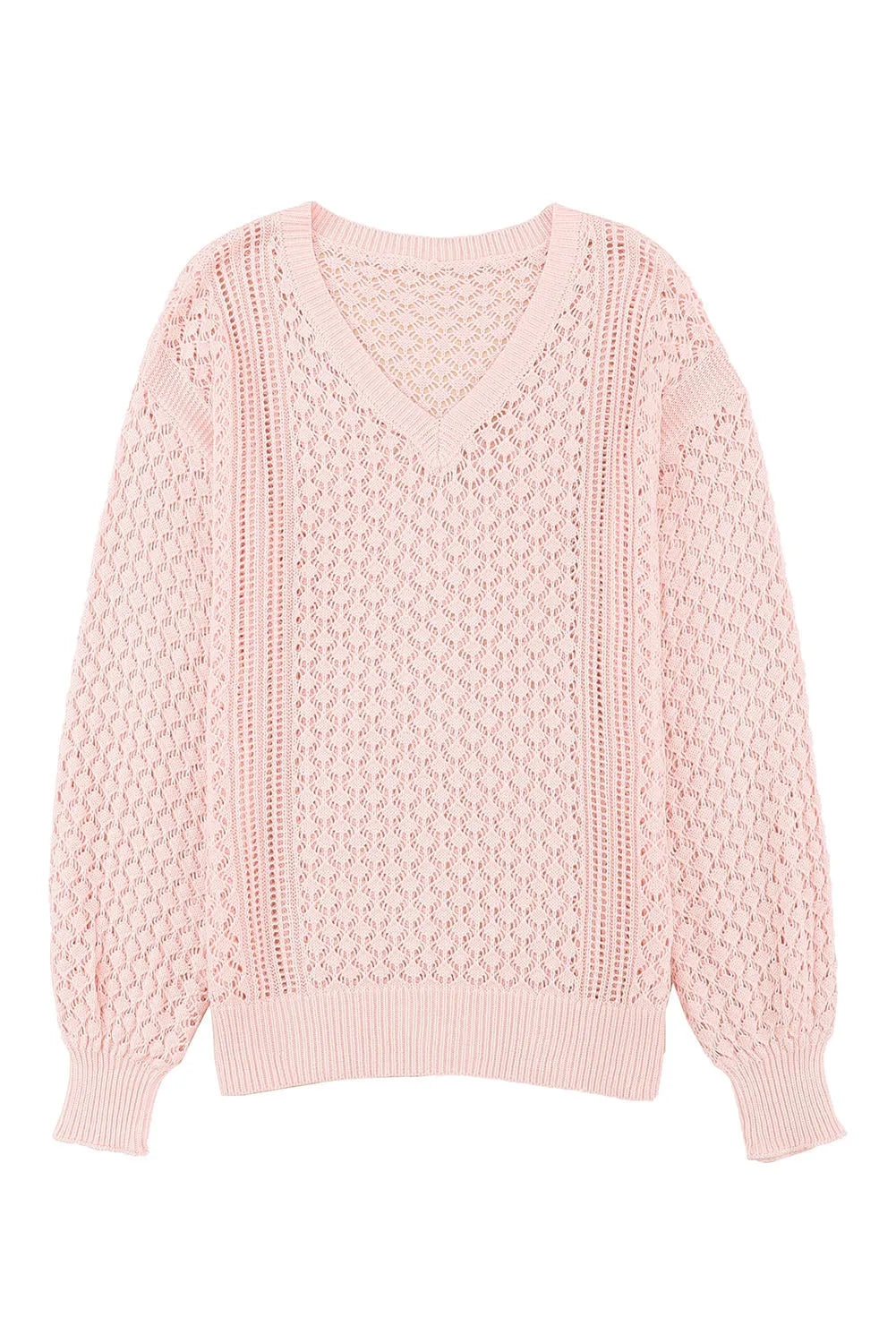 Pink Loose Pointelle Knit Ribbed V Neck Sweater - Chic Meadow Boutique 