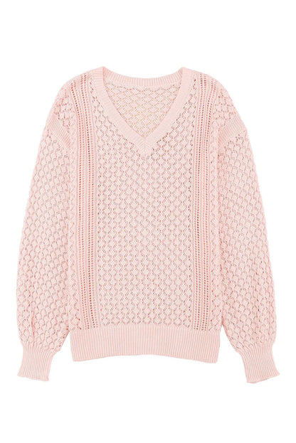 Pink Loose Pointelle Knit Ribbed V Neck Sweater - Chic Meadow Boutique 