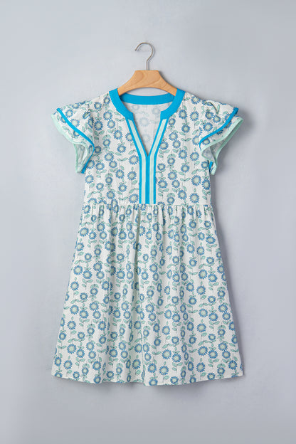 Sky Blue Floral Print Contrast Trim Flutter Sleeve Mini Dress
