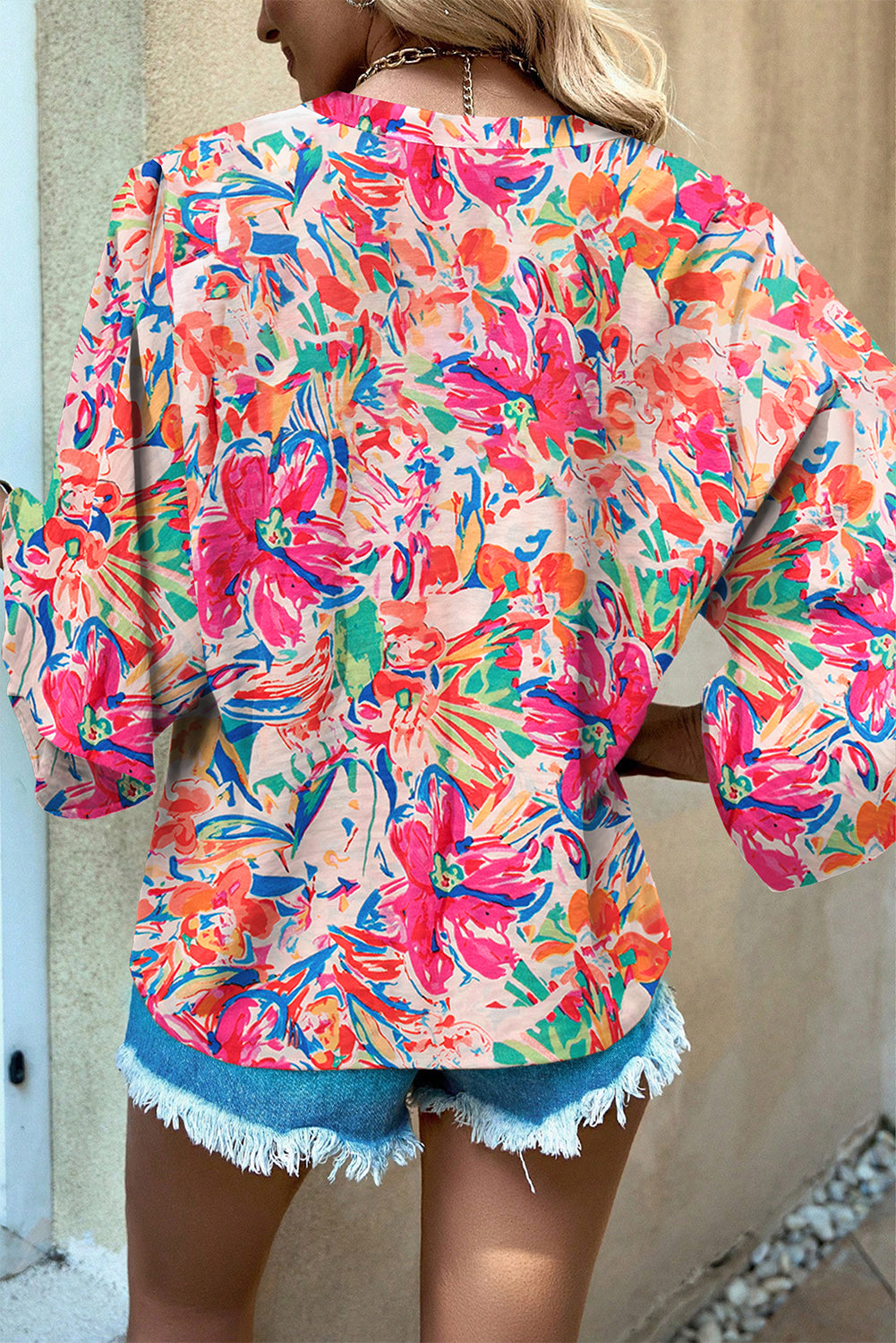 Multicolour Floral Print Bell Sleeve V Neck Blouse - Chic Meadow Boutique 