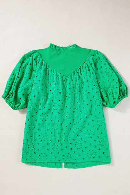 Green Flower Embroidered Hollow-out Puff Sleeve Blouse - Chic Meadow Boutique 