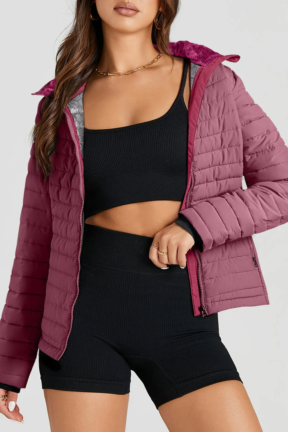 Burgundy Solid Color Quilted Zip-up Puffer Jacket - Chic Meadow Boutique 