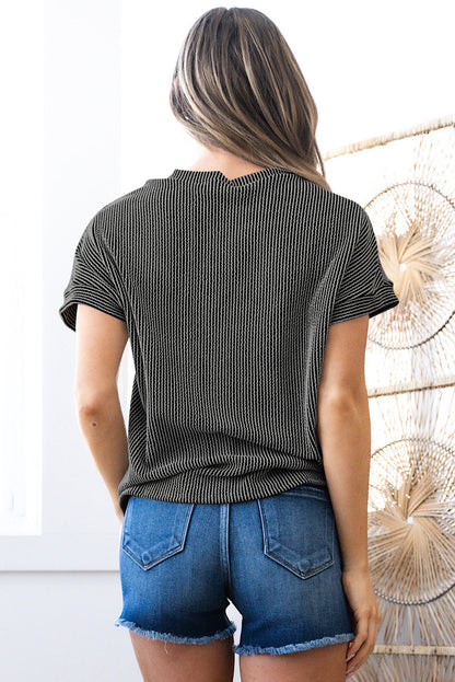 Carbon Grey Corded Knit Color Block Pocketed Crew Neck T Shirt