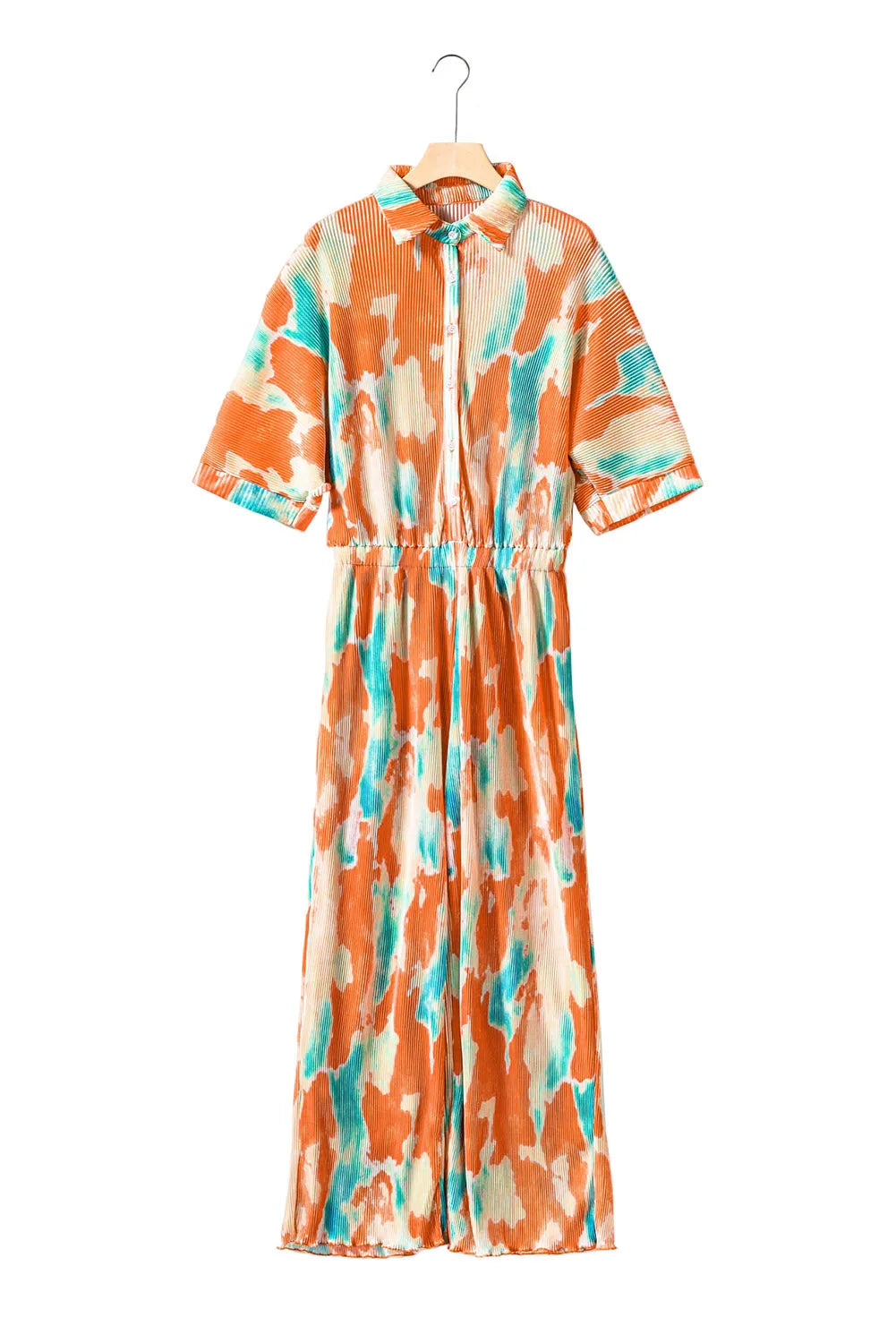 Multicolor Bohemian Tie Dye Pleated Shirt Collar Loose Jumpsuit - Chic Meadow Boutique 