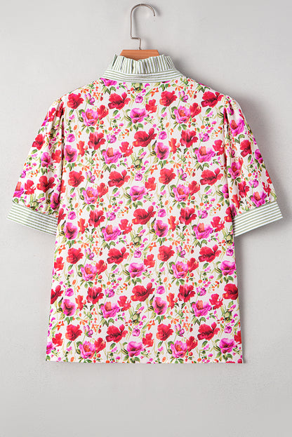 Red Floral Print Striped Patchwork Collared Short Sleeve Blouse